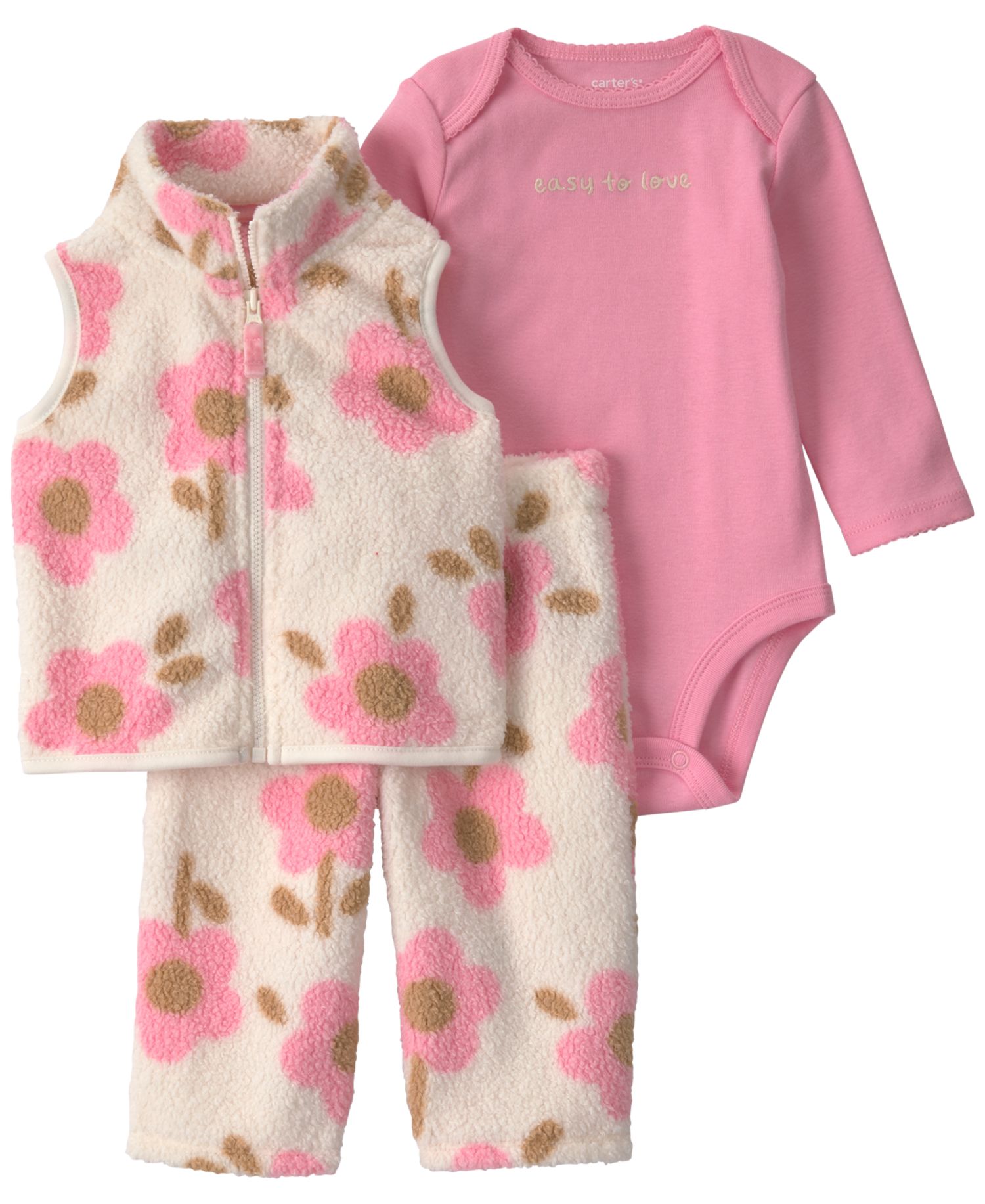 Baby Girls' Floral Fleece Vest, Long-Sleeve Bodysuit and Pants, 3-Piece Set