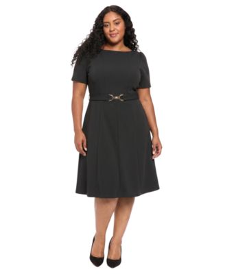 Women's Plus Size Belted Fit & Flare Boat Neck Short Sleeve Dress