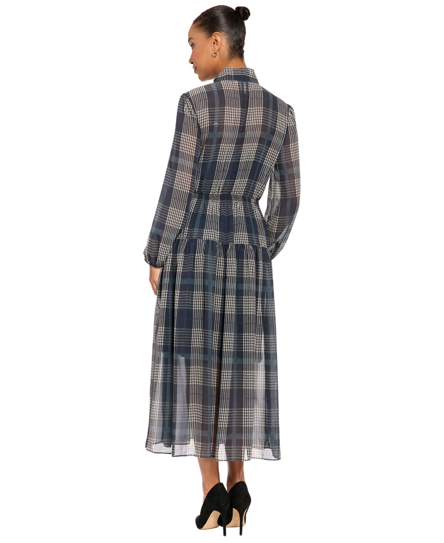 Women's Plaid-Print Midi Tie-Neck Dress