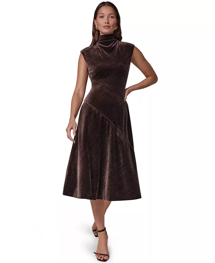 Women's Mock Neck Crinkled Velvet A-Line Dress