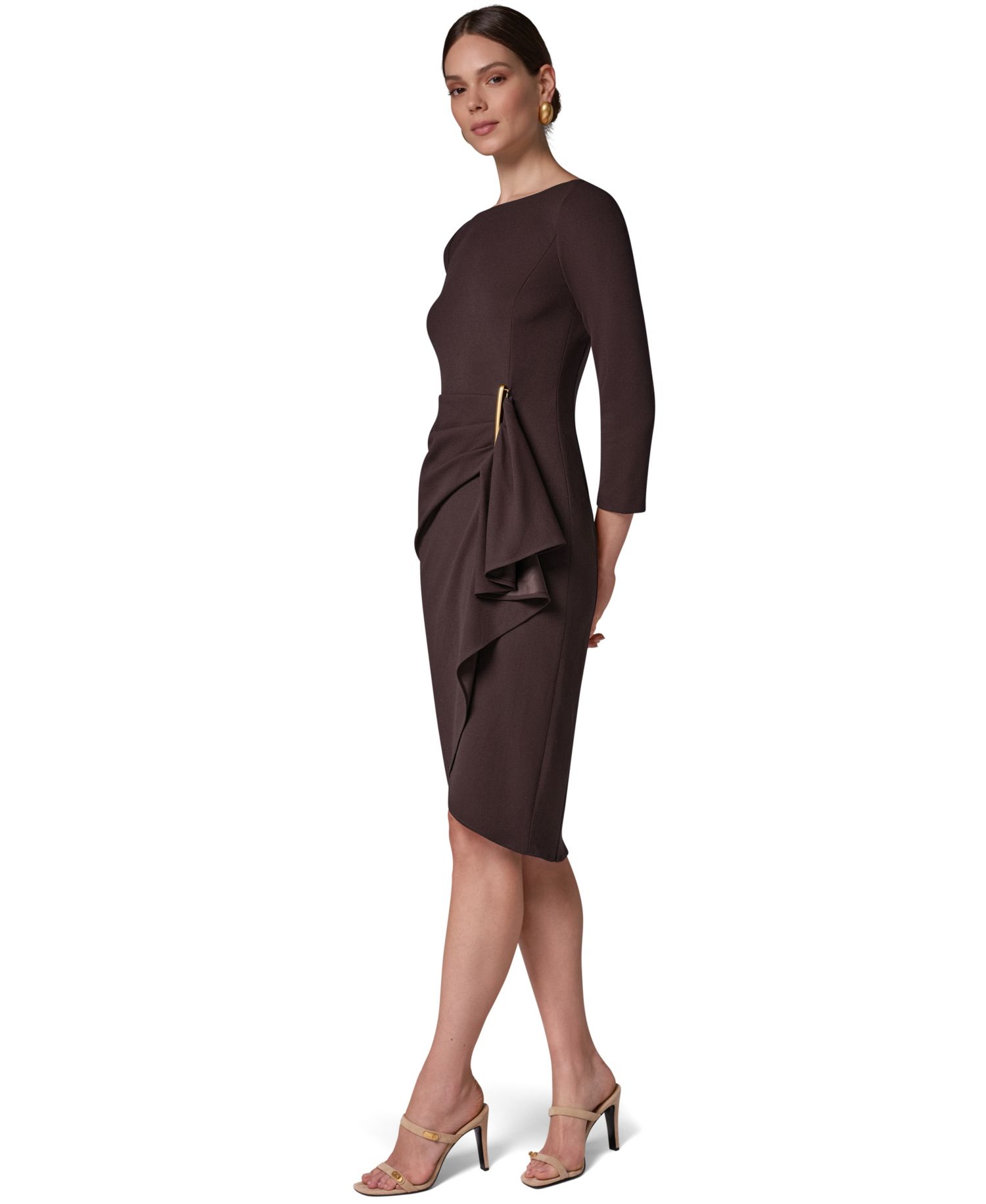 Petite Long-Sleeve Boat-Neck Side Cascade Ruffle Dress