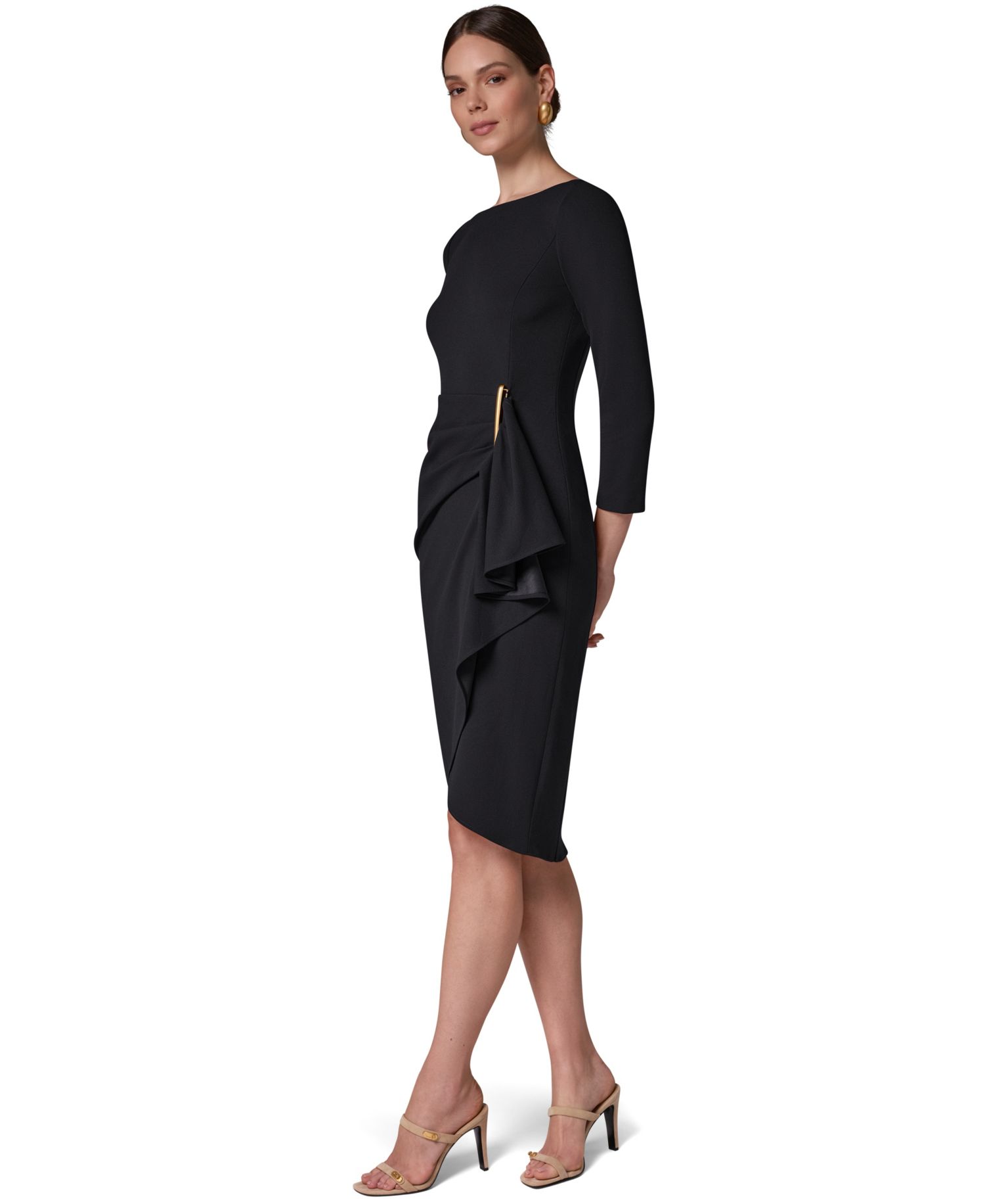 Petite Long-Sleeve Boat-Neck Side Cascade Ruffle Dress
