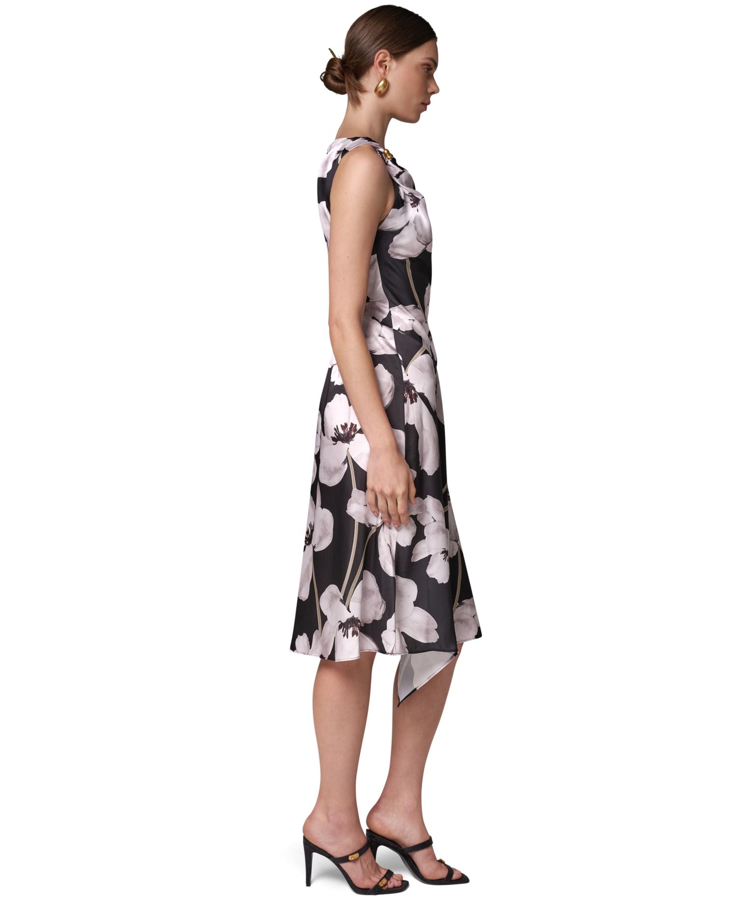 Women's Floral Asymmetrical Hem Boat Neck Midi Dress