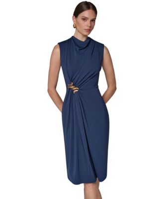 Women's Sleeveless Mock Neck Gathered Waist Midi Dress