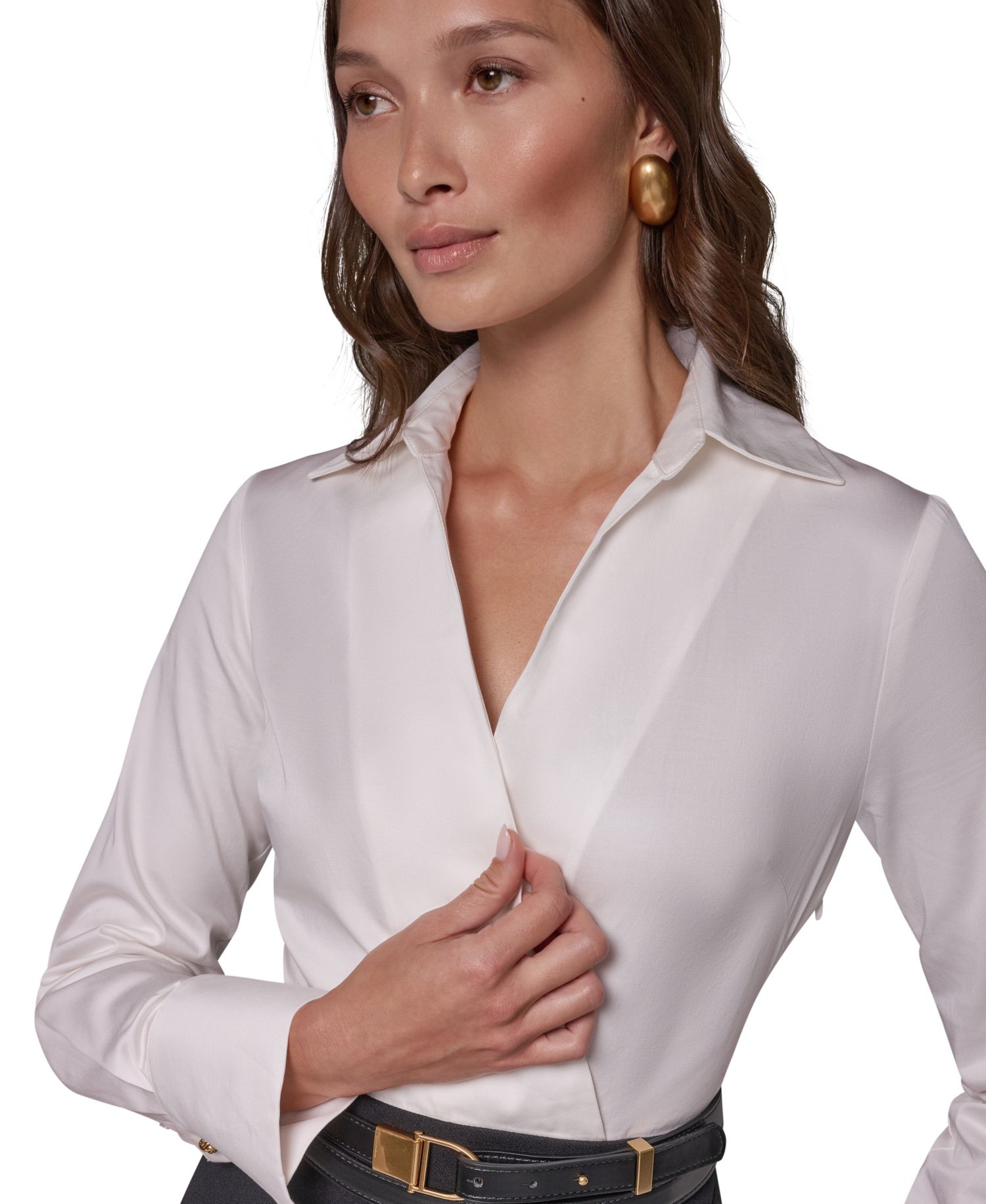 Women's Long-Sleeve Collared Mixed Media Belted Pencil Dress
