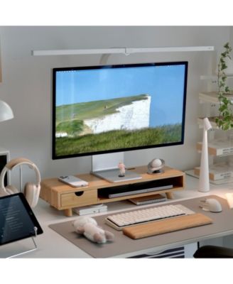 Wood Monitor Stand Riser With Drawer Cable Management Desk Organizer