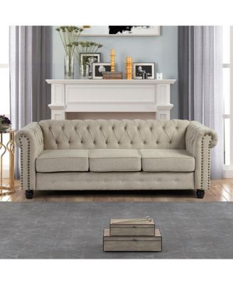 Linen Chesterfield 3 Seat Sofa Living Room Rolled Arm Couch with Button Tufted and Nailhead Trim