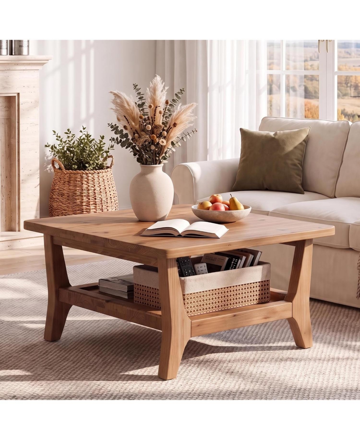 Tribesigns Solid Wood Coffee Table 2-Tier Square Center Table
