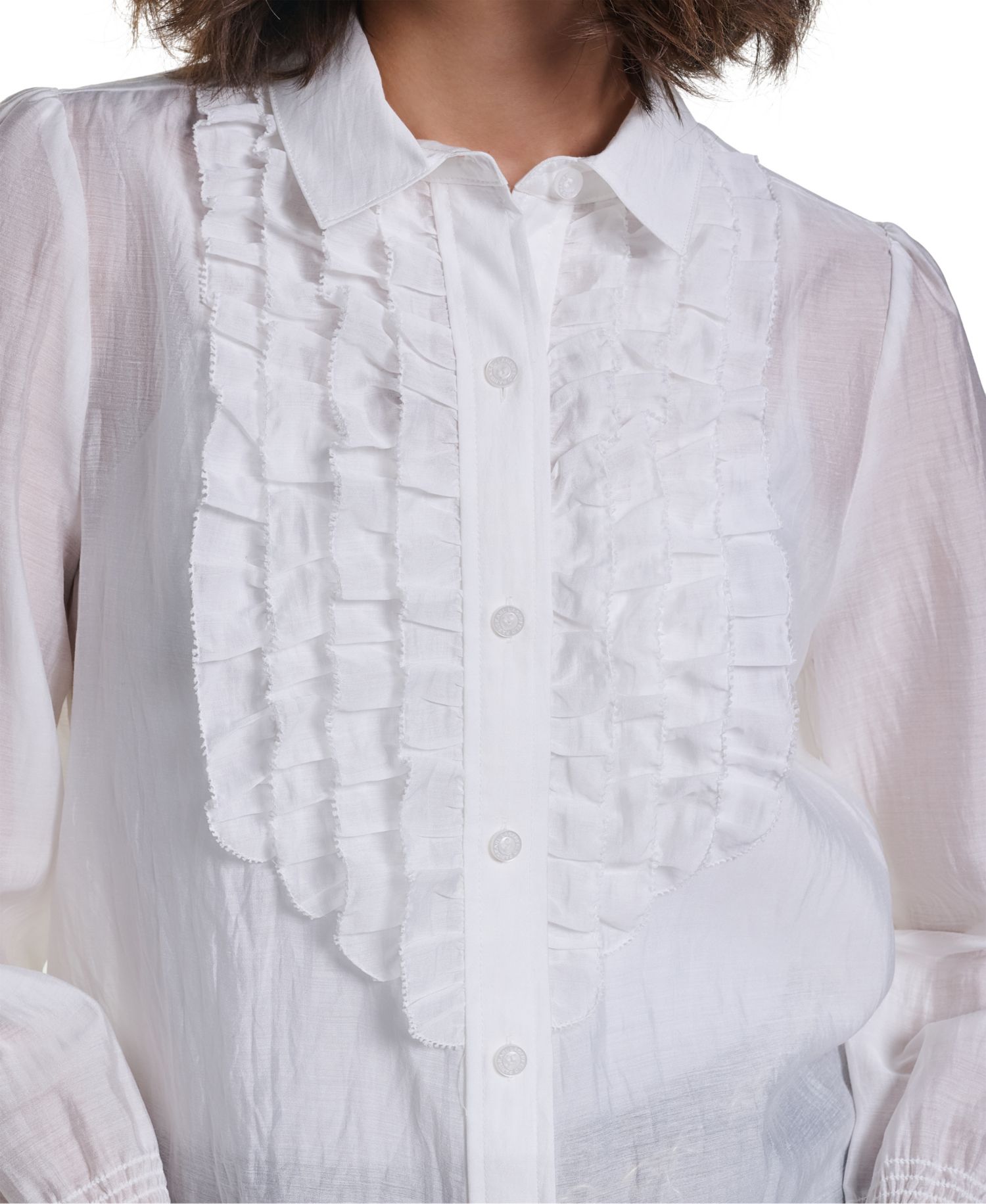 Women's Ruffle Button Woven Collar Neck Top