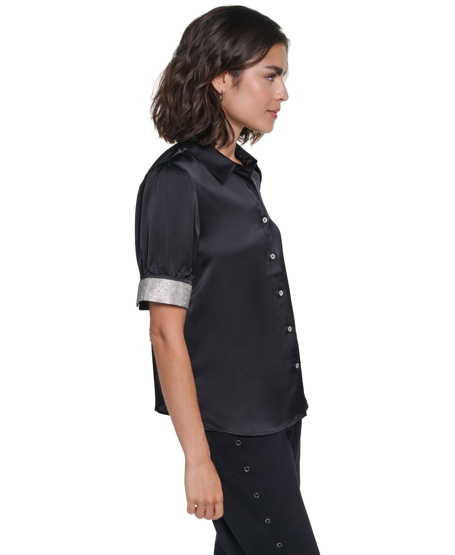 Women's Satin Rhinestone-Cuff Button-Front Top