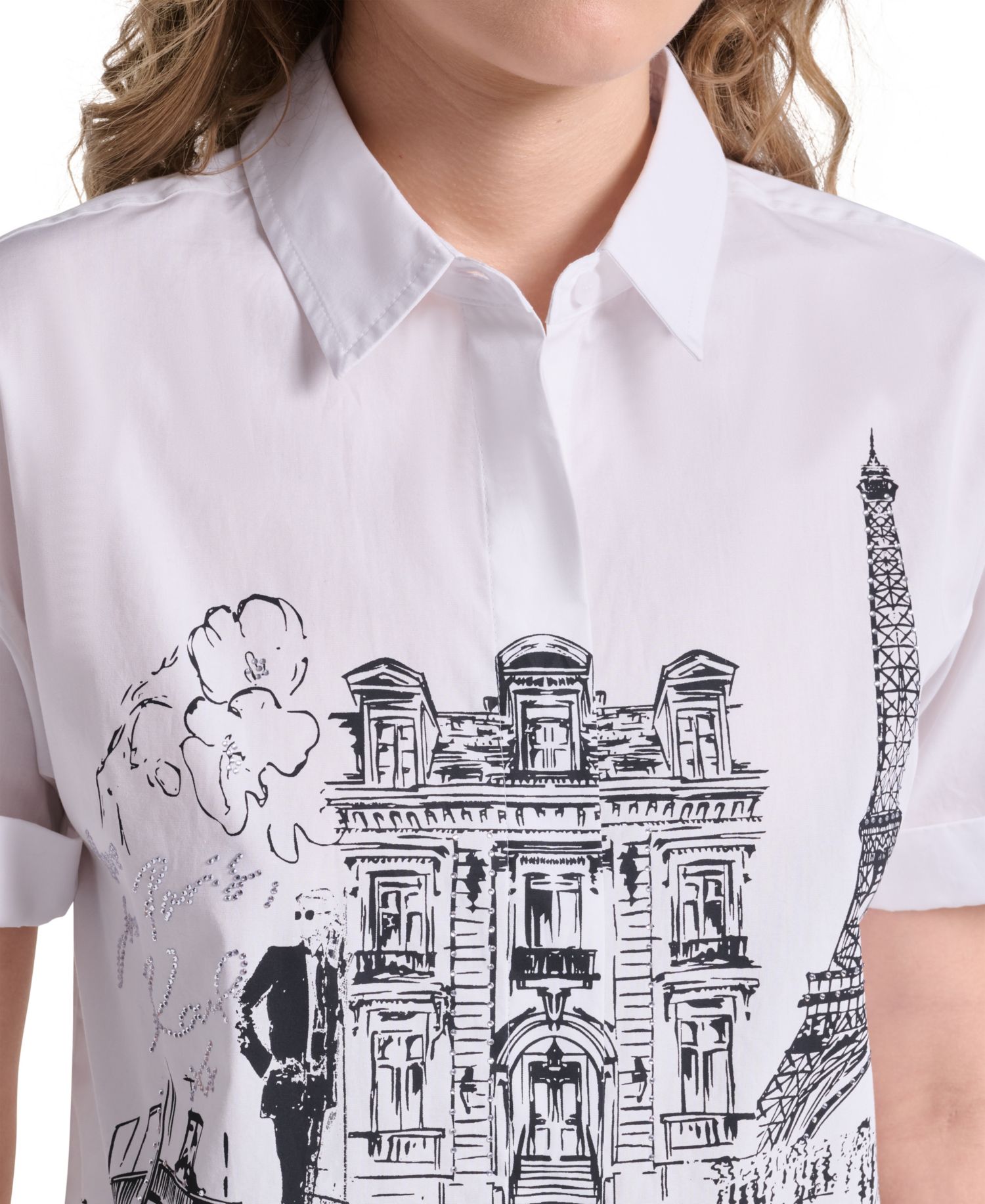 Women's Cotton Crop Paris Scene Button-Front Top