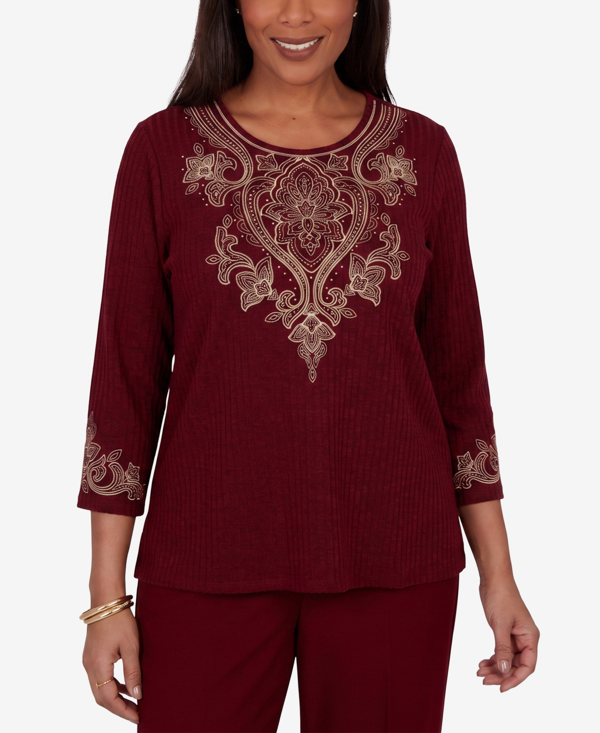 Alfred Dunner Petite 3/4-Sleeve Crewneck Side-Slit Top
