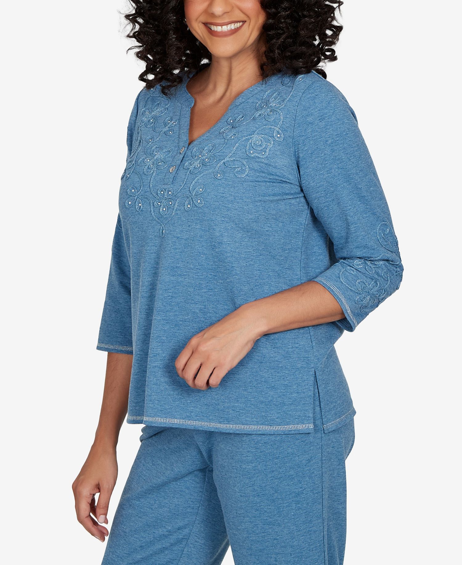 Petite 3/4-Sleeve Side-Slit Henley T-Shirt