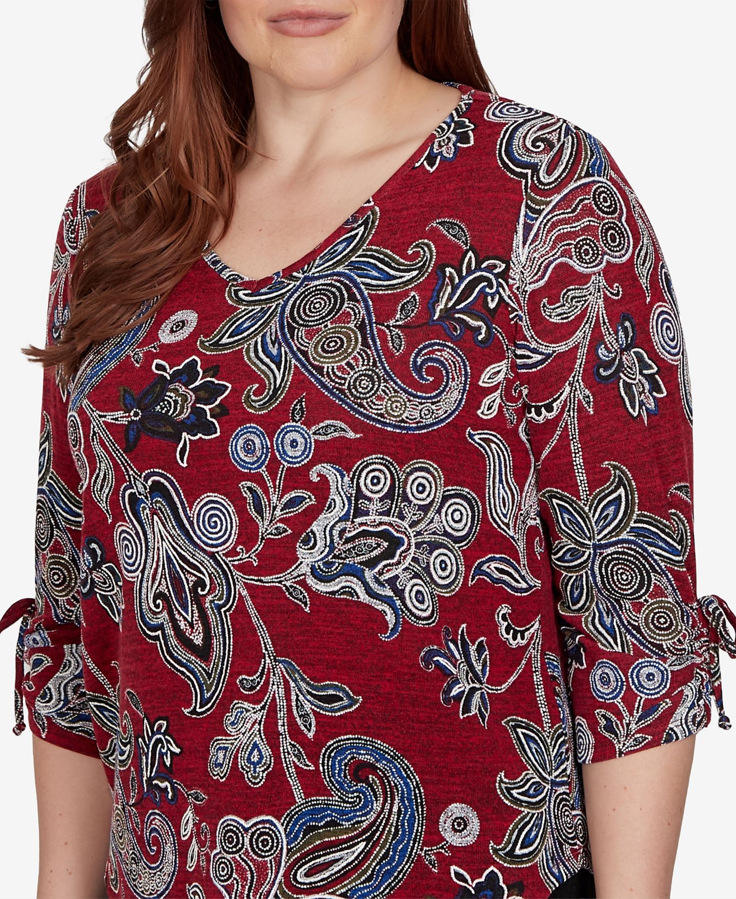 Женская блузка Alfred Dunner Petite V-Neck 3/4-Sleeve Paisley, цвет: Красный — фото 4