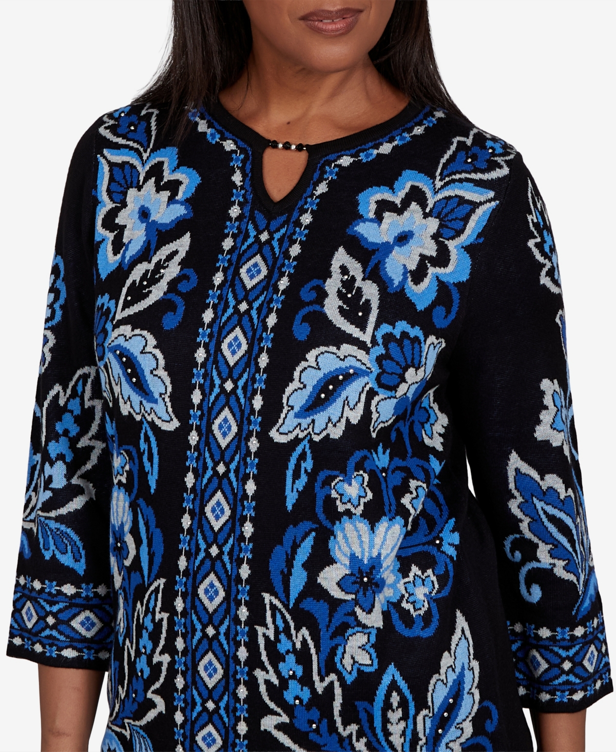 Alfred Dunner Petite 3/4-Sleeve Floral-Geometric Henley Pullover Sweater