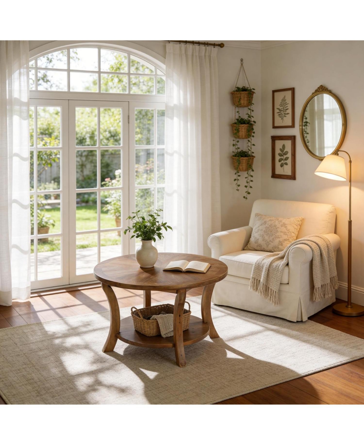 Tribesigns 31.5 Round Solid Wood Coffee Table: 2-tier storage shelf with curved legs. Farmhouse center table for living room