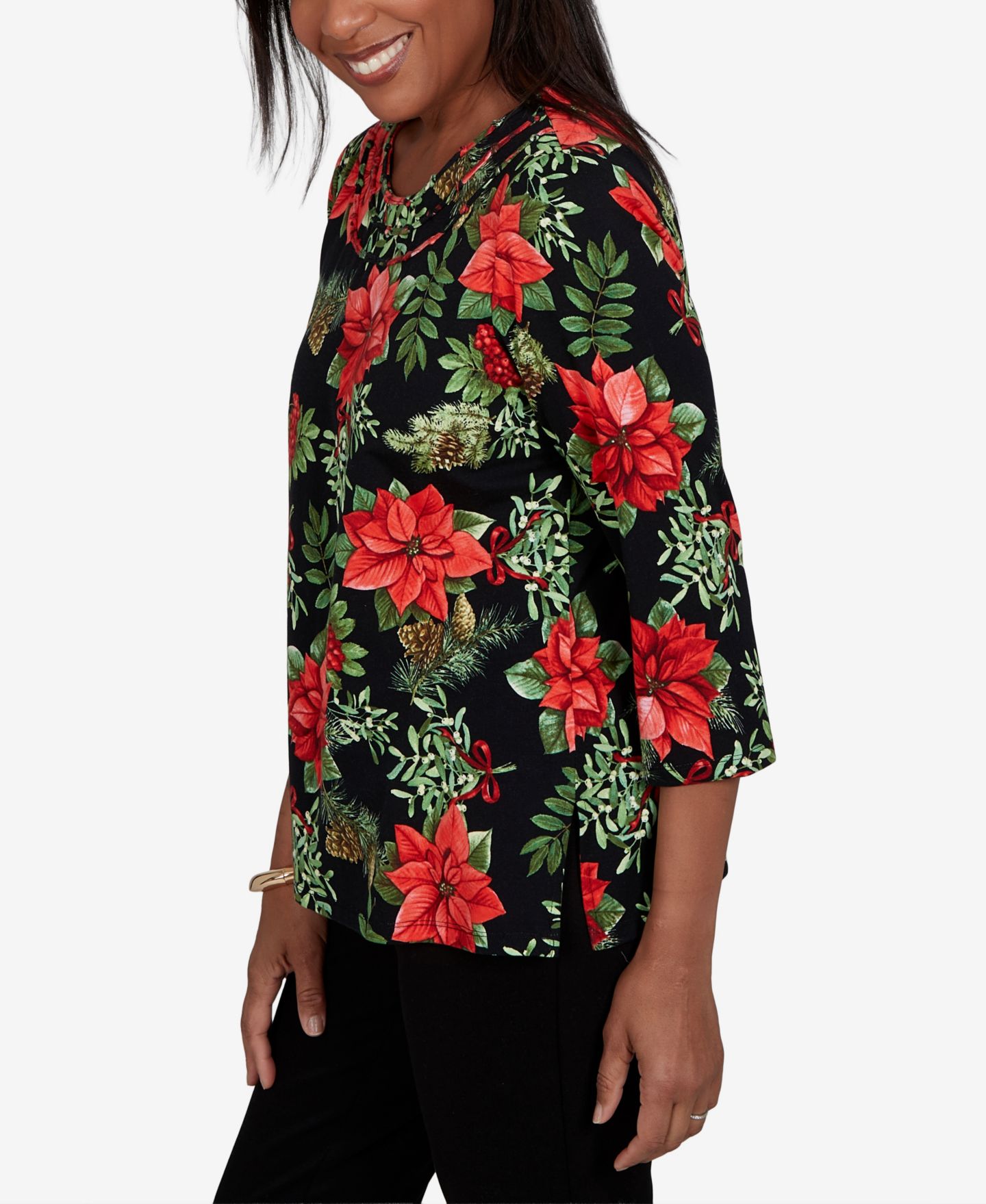 Женская футболка Alfred Dunner Floral-Print 3/4-Sleeve Cotton-Blend, цвет: Чёрный — фото 3