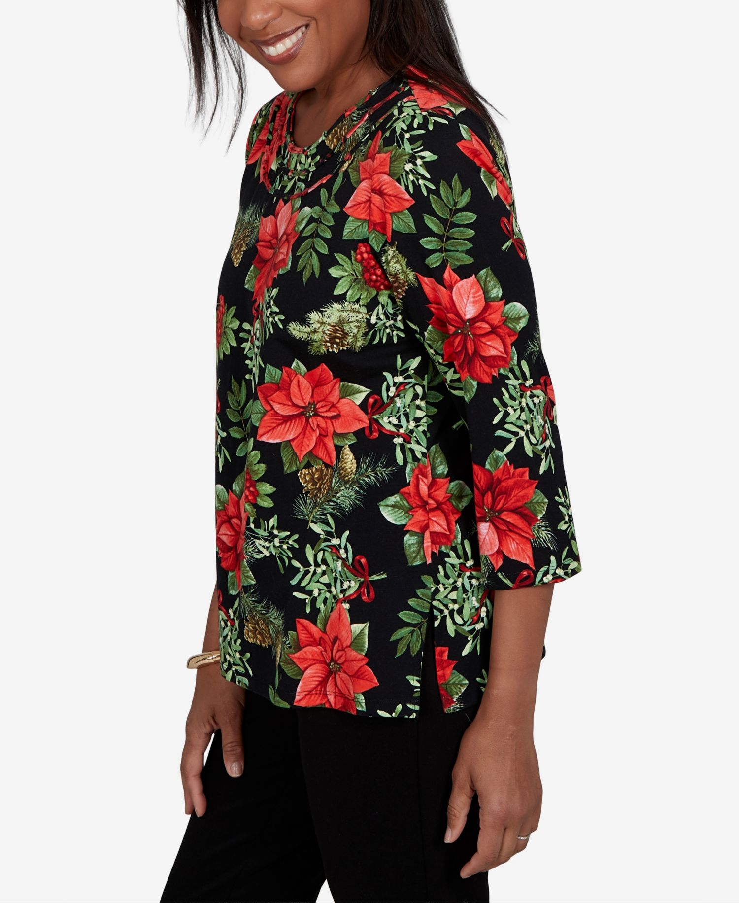 Women's Floral-Print 3/4-Sleeve Cotton-Blend T-Shirt