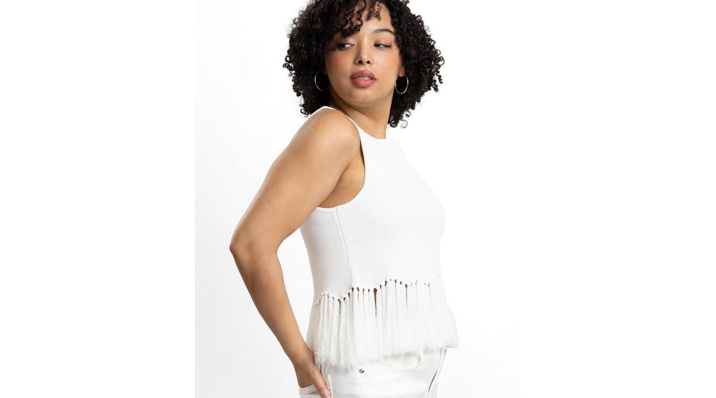 Женский топ Caldwell Collection Tanja Scoop Neck Fringe Peplum Sleeveless Knit, цвет: Белый — фото 3