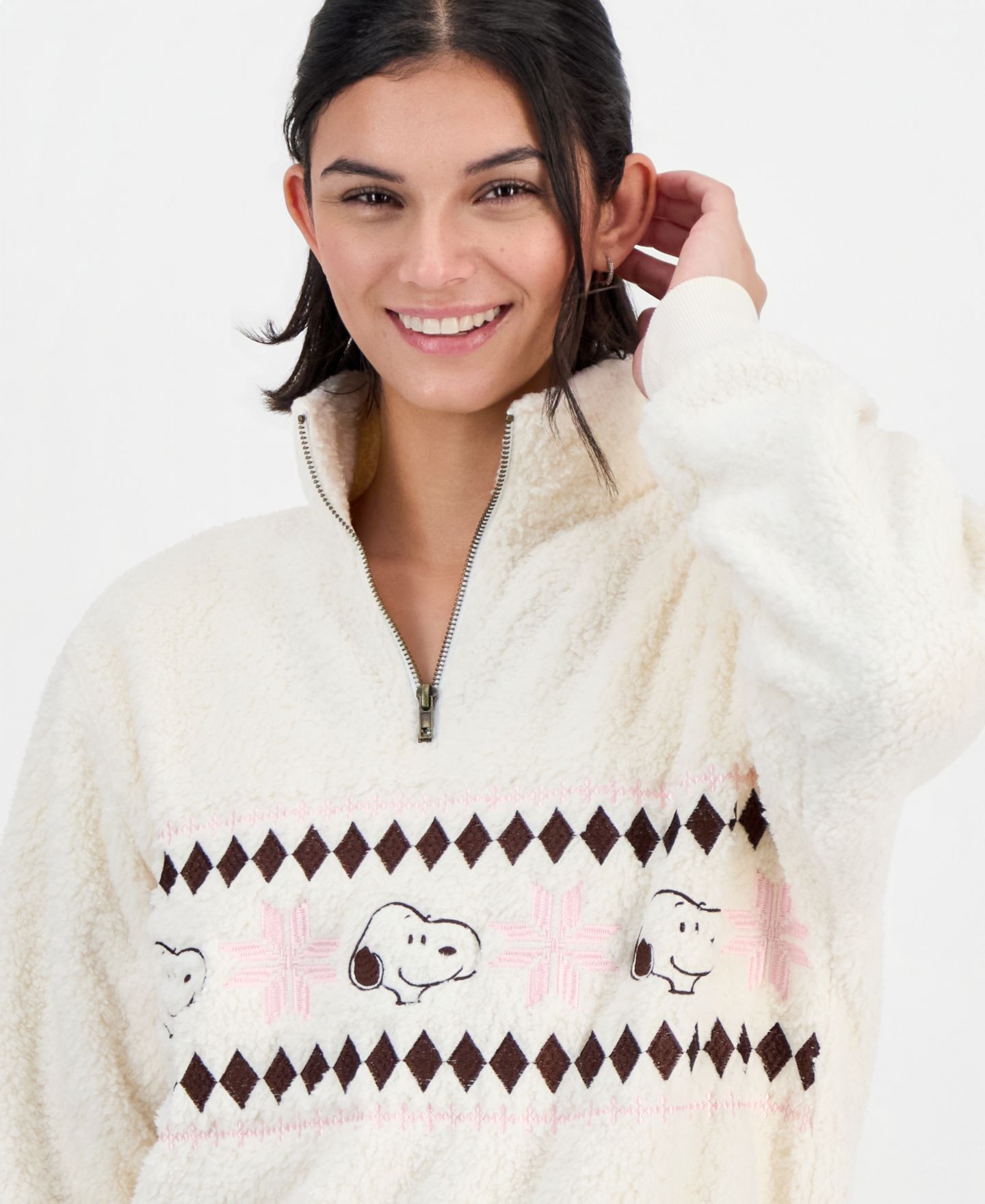 Женский свитер Grayson Threads, The Label Snoopy Sherpa Quarter-Zip Pullover, цвет: Молочно-белый — фото 4