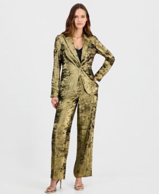 Women's Metallic Foil-Crepe Notched Collar Blazer & High-Rise Wide-Leg Pants