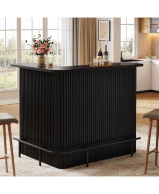 L Shaped Bar Table, 4-Tier Home Bar Unit with Metal Footrest, Fluted Counter Height Pub Table with Storage Shelves