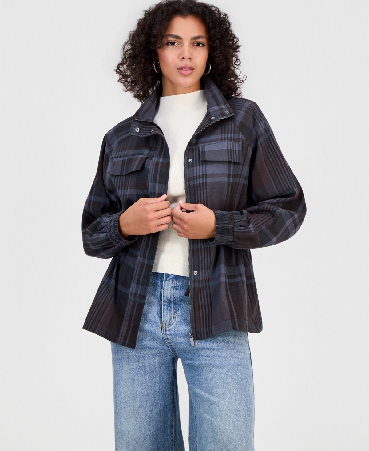 Bar Iii Women's Utility Plaid Peplum Jacket, Macy's Exclusive In Dark Plaid