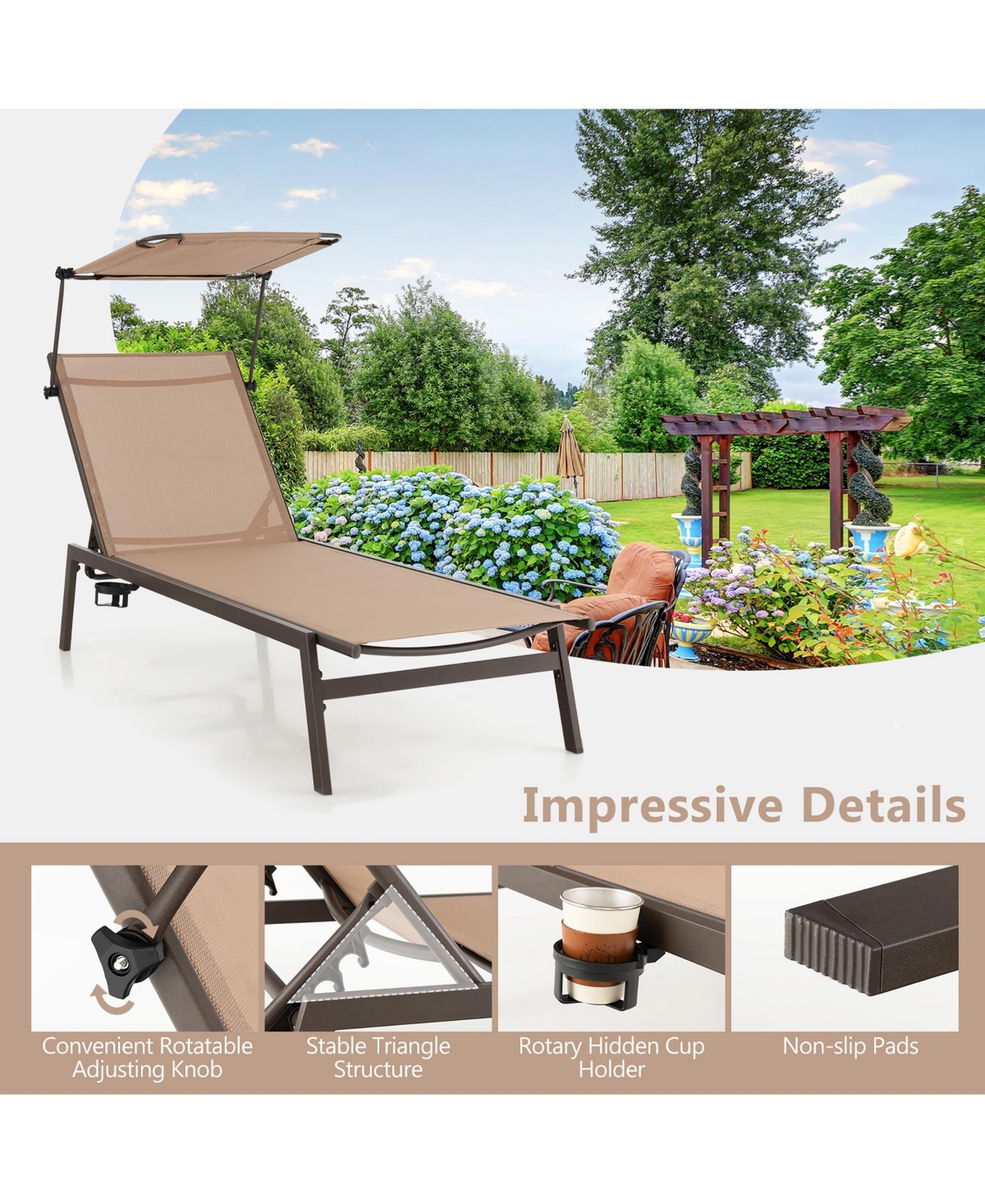 Gymax 2Pieces 6-Position Recliner Lounge Outdoor Adjustable Reclining Chair Poolside