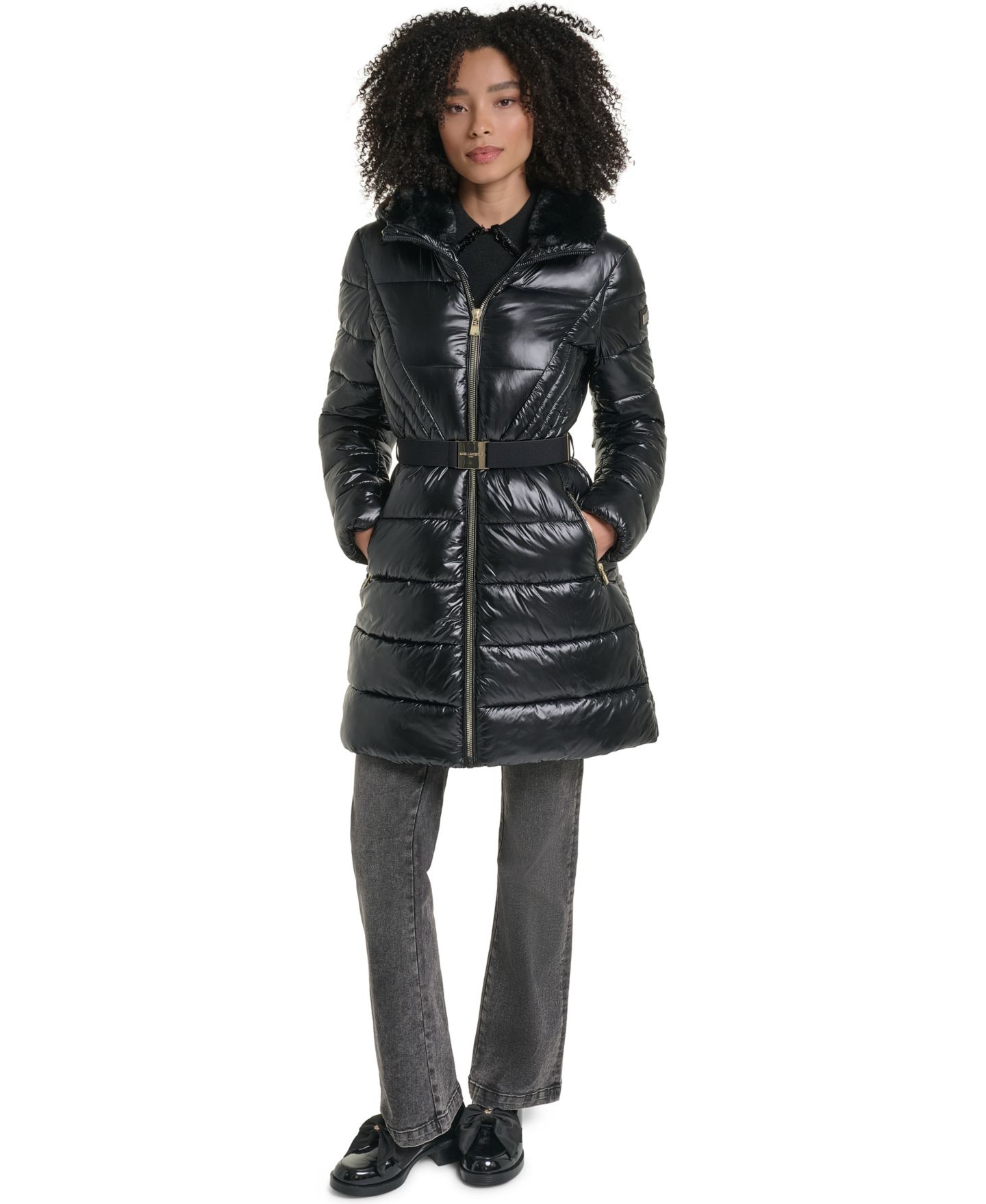 Женская куртка KARL LAGERFELD PARIS Hooded Belted Faux-Fur Collar Puffer Coat, Created for Macy's, цвет: Чёрный — фото 2