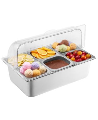 6 Pan Stainless Steel Countertop Food Serving Display Rack with Clear Lid and Freezer Boxes