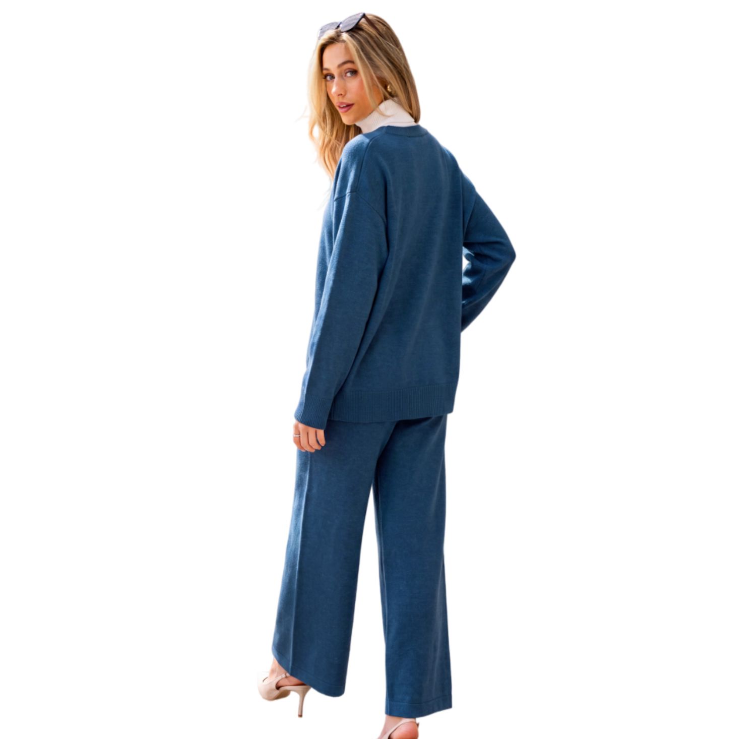 Women's V-Neck Knit Wide-Leg Cardigan and Pants, 2-Piece Set