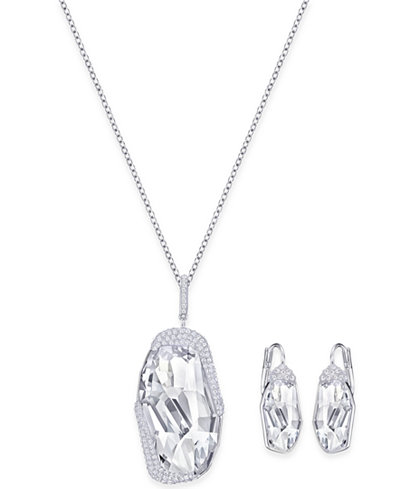 Swarovski Silver-Tone Large Crystal and Pavé Pendant Necklace and Matching Drop Earrings Set