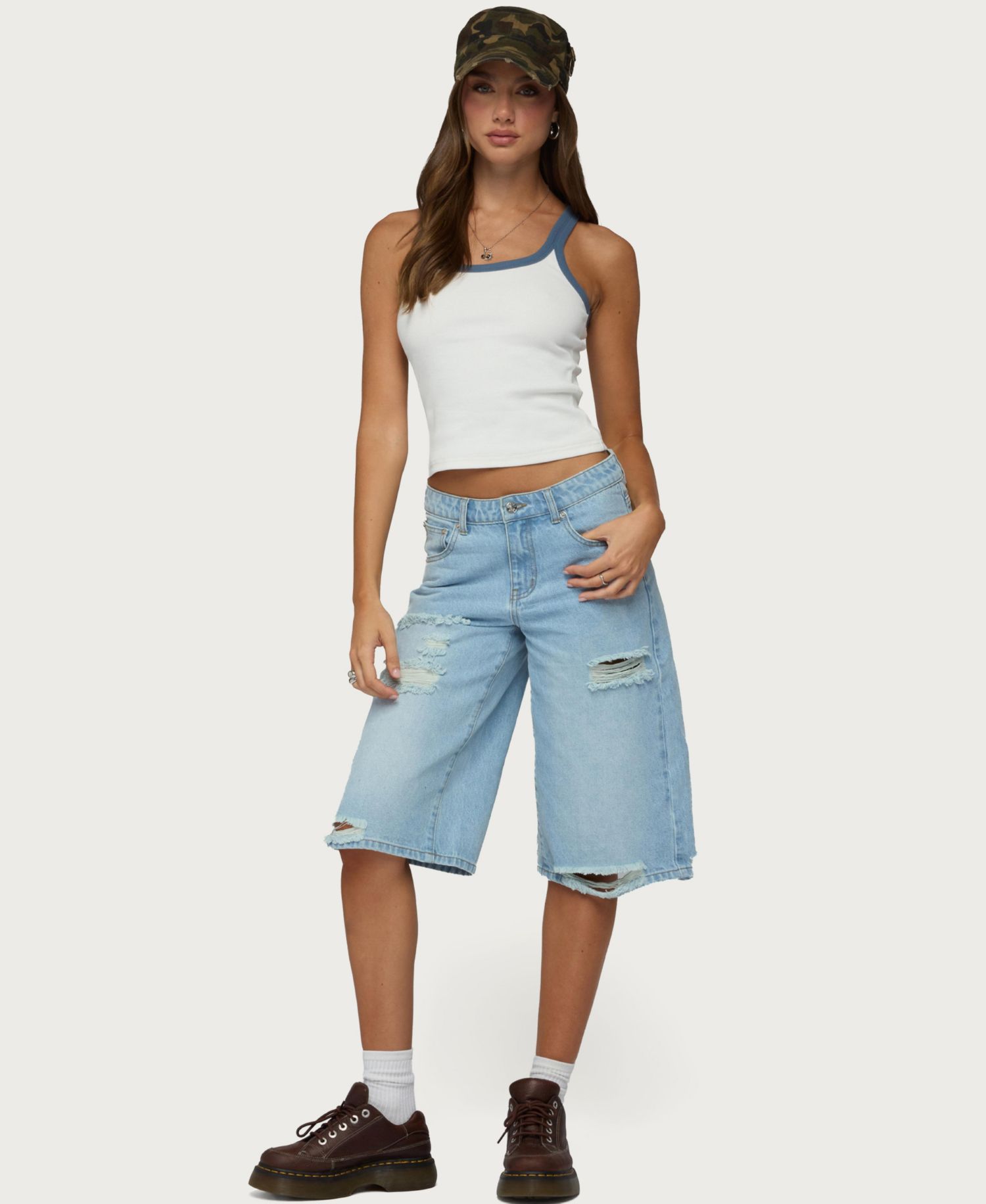 Women's Low-Rise Distressed Denim Bermuda Shorts, 16" Inseam