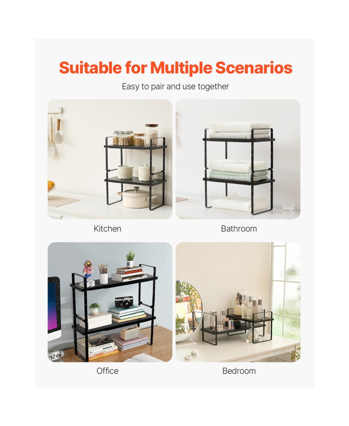 Sugift Expandable 2 Tier Cabinet Shelf Organizer Stackable Countertop Riser for Kitchen and Pantry