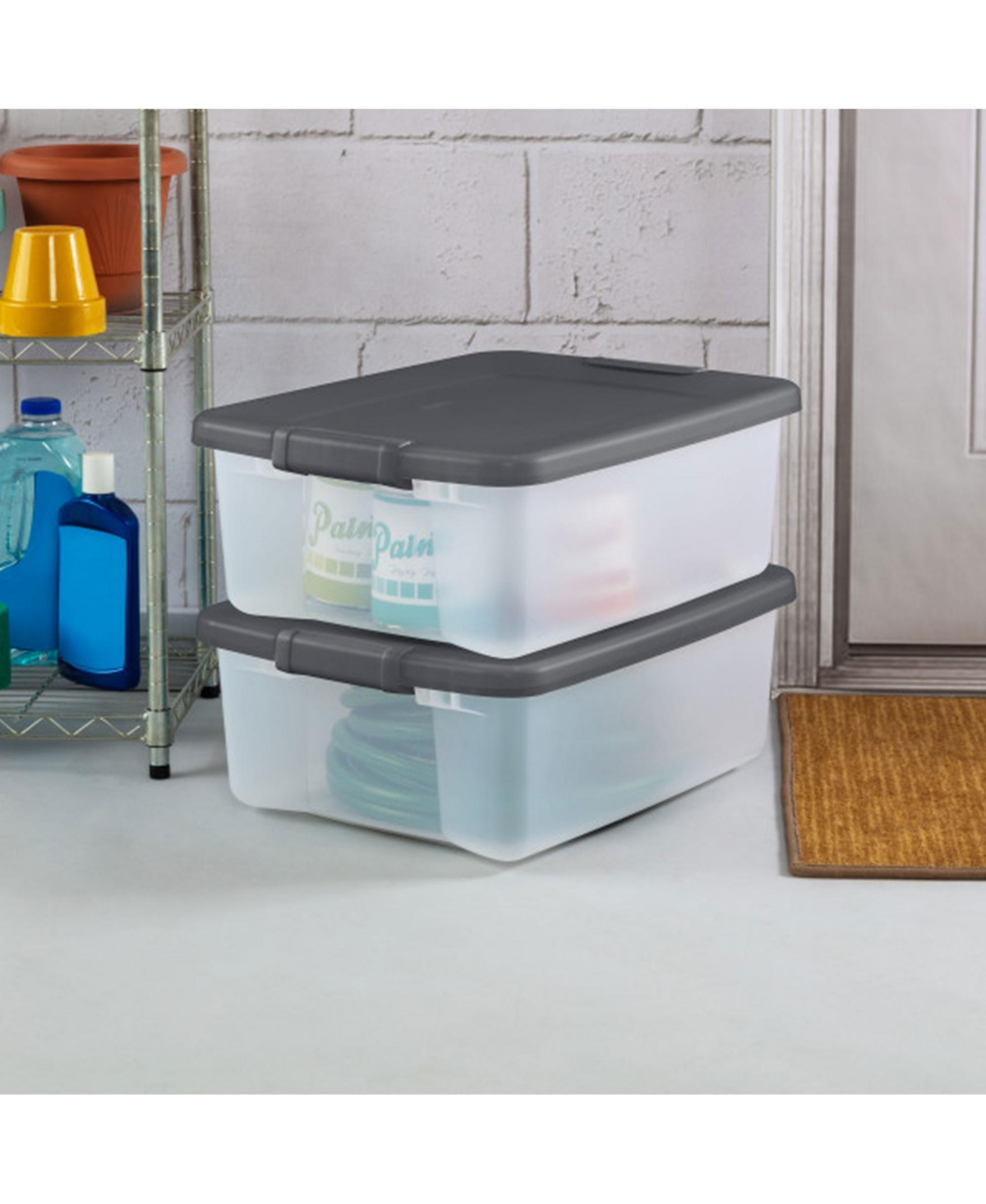 Sterilite 25 Quart Shelf Tote with Flat Gray Lid and Platinum Latches (18 Pack)