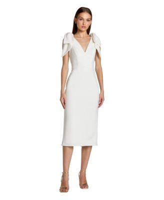 Women's Bow-Shoulder V-Neck Sleeveless Crepe Midi Dress
