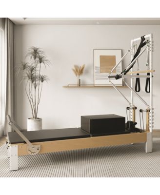 Pilates Reformer, Wooden Pilates Reformer Machine, Pilates Equipment for Home Workout and Studio, with Reformer Accessories, Sitting Box