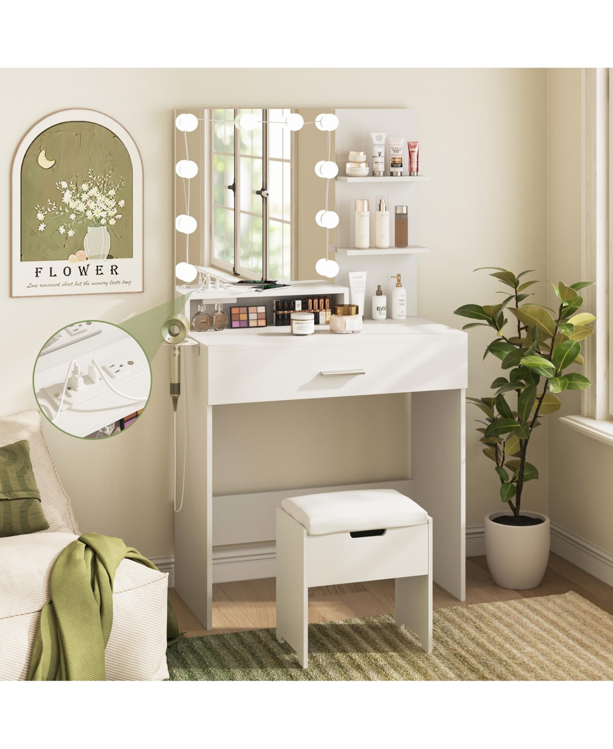 Vabches Makeup Vanity Desk with Lighted Mirror and Charging Station, Storage Chair + Drawer for Bedroom