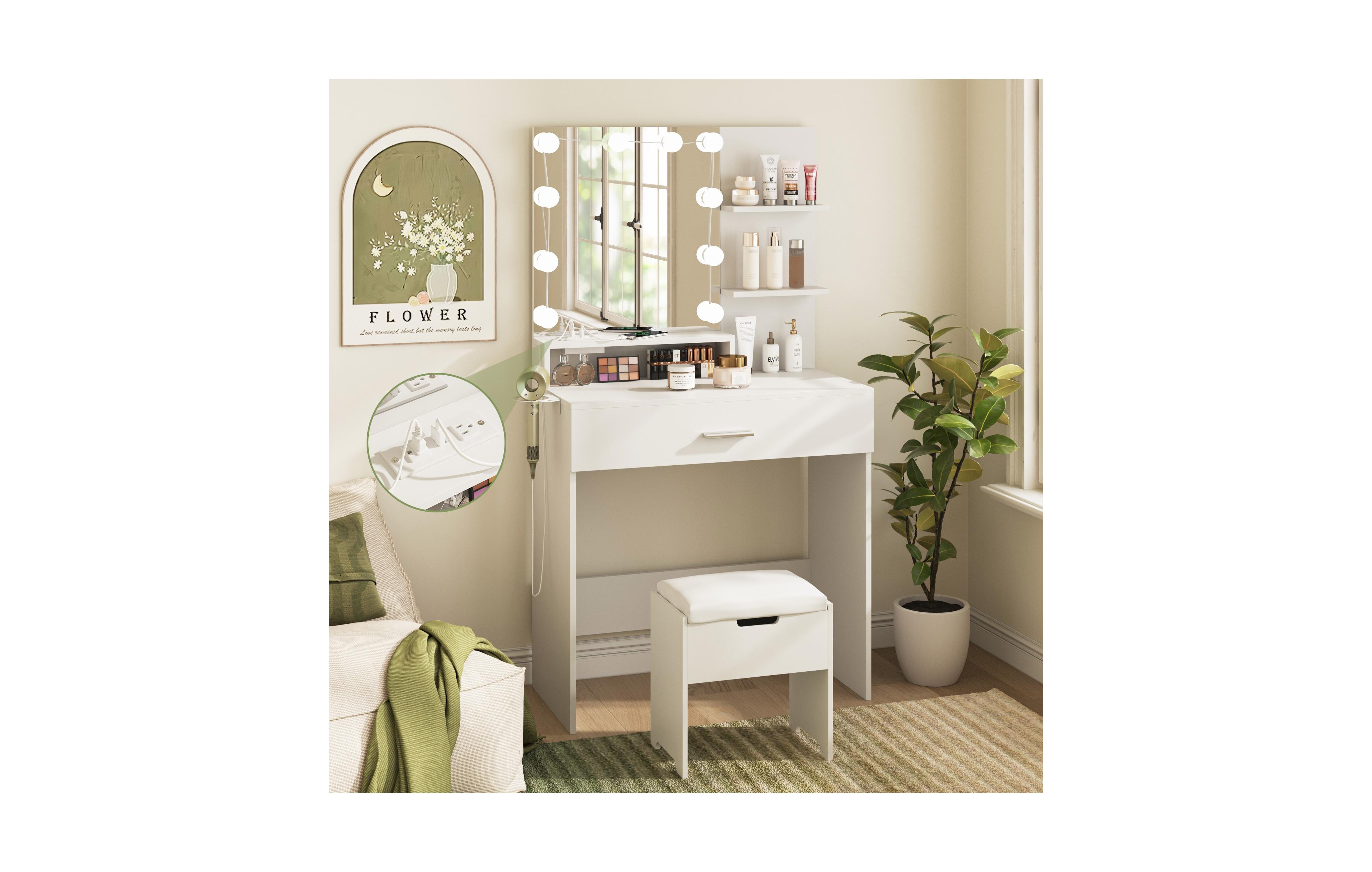 Vabches Makeup Vanity Desk with Lighted Mirror and Charging Station, Storage Chair + Drawer for Bedroom