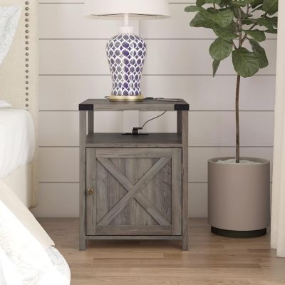 Farmhouse Nightstand with Charging Station (2 AC/2 USB), Rustic End Table Besides Table for Bedroom