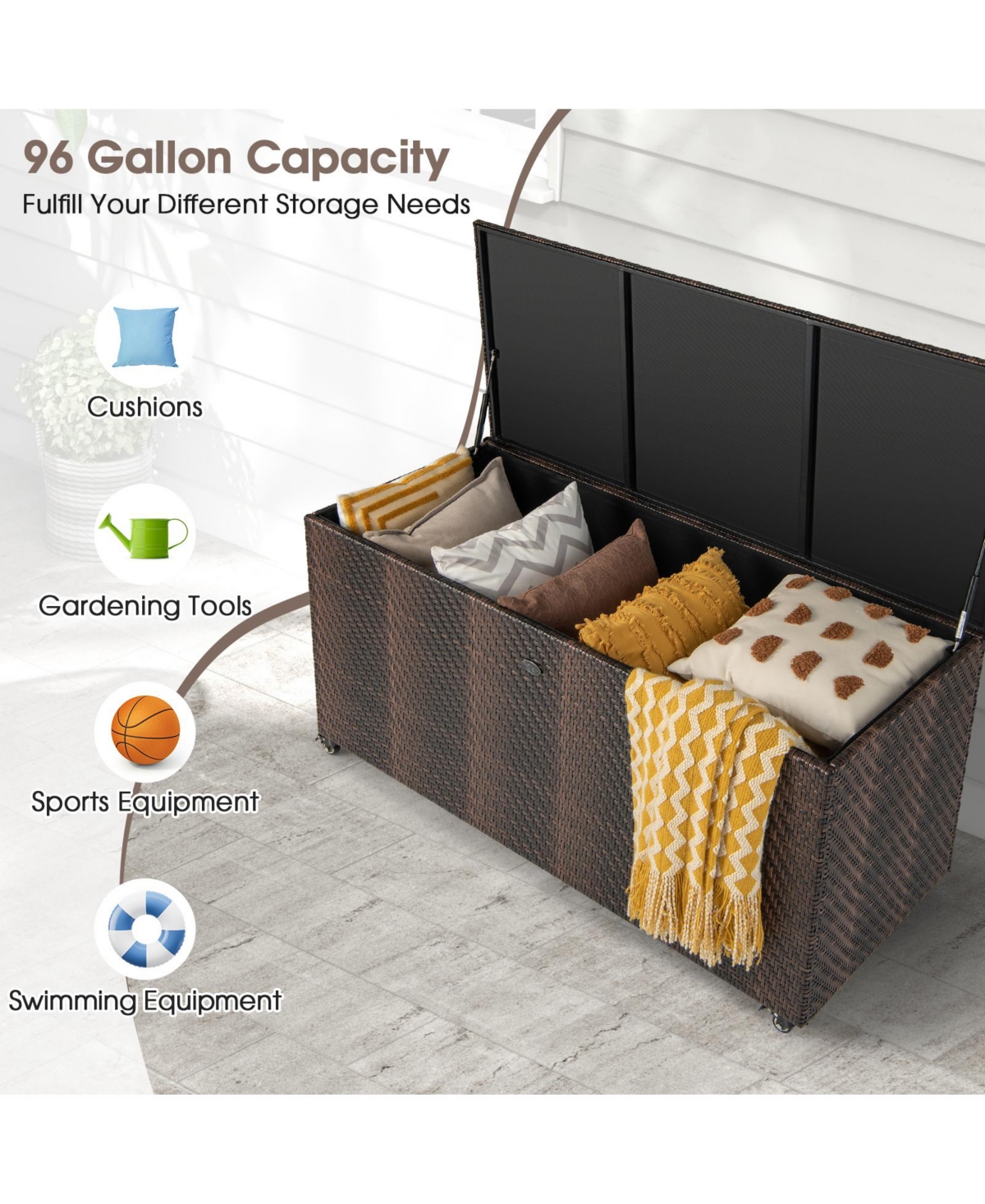 Mecale 96-Gallon Wicker Deck Box on Wheels, Rolling Patio Cushion Storage