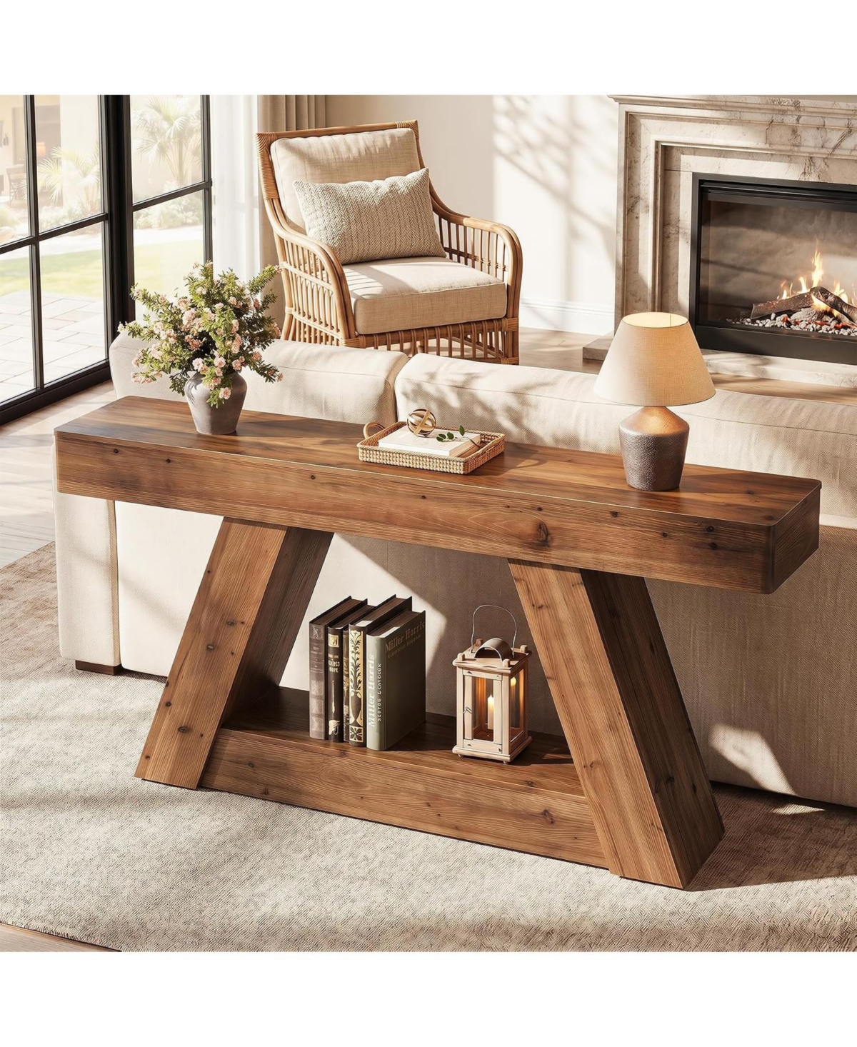 Tribesigns 63" Rustic Solid Wood Console Table With Angled Legs and Lower Shelf, Farmhouse Entryway Table