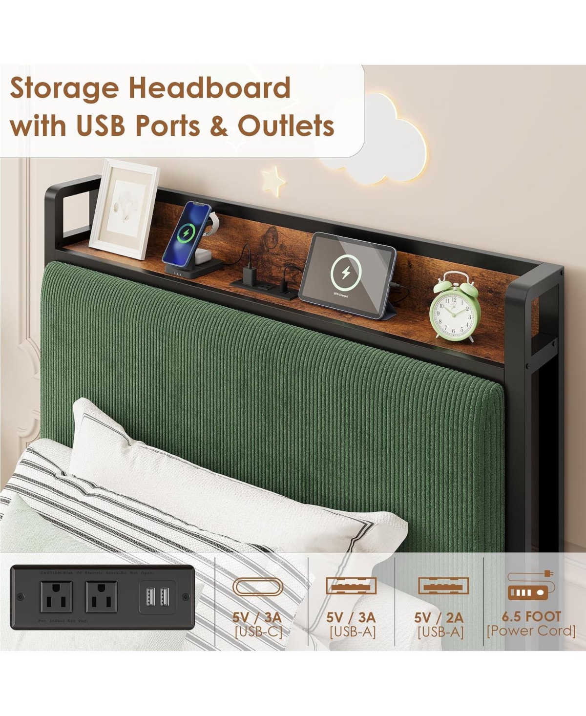 gaomon Twin-xl Size Bed Frame with 2 Drawers and Charging Station-Upholstered Headboard Bed with Led Lights, Under Bed Storage