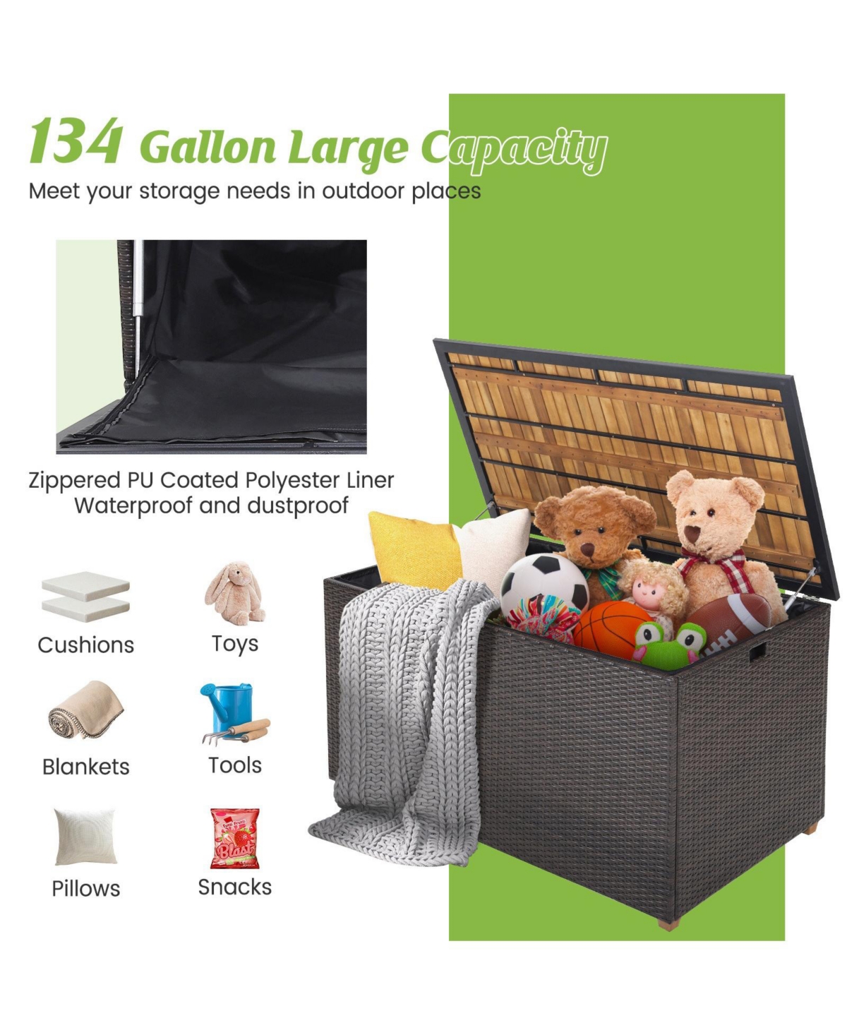 Mecale 134-Gallon Rattan Storage Box with Acacia Top, Zippered Liner