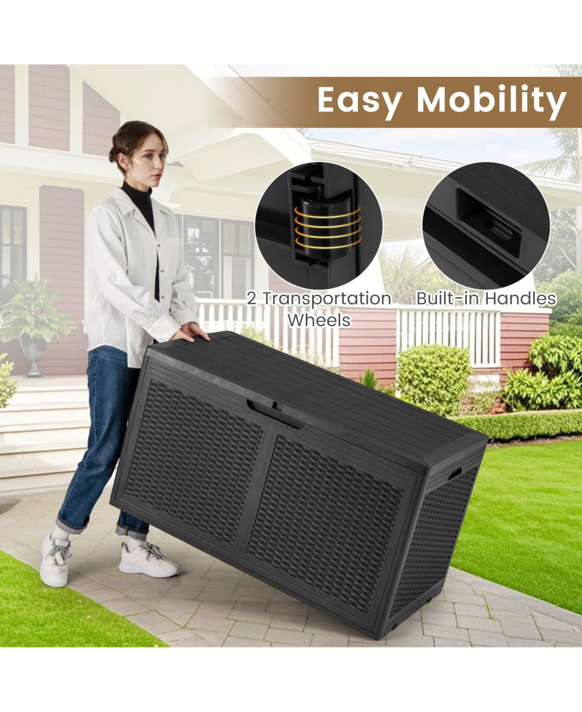 Mecale 100-Gallon Resin Deck Box, Outdoor Storage Bench with Lockable Lid