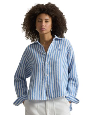 Women's Cropped Stripped Linen Shirt