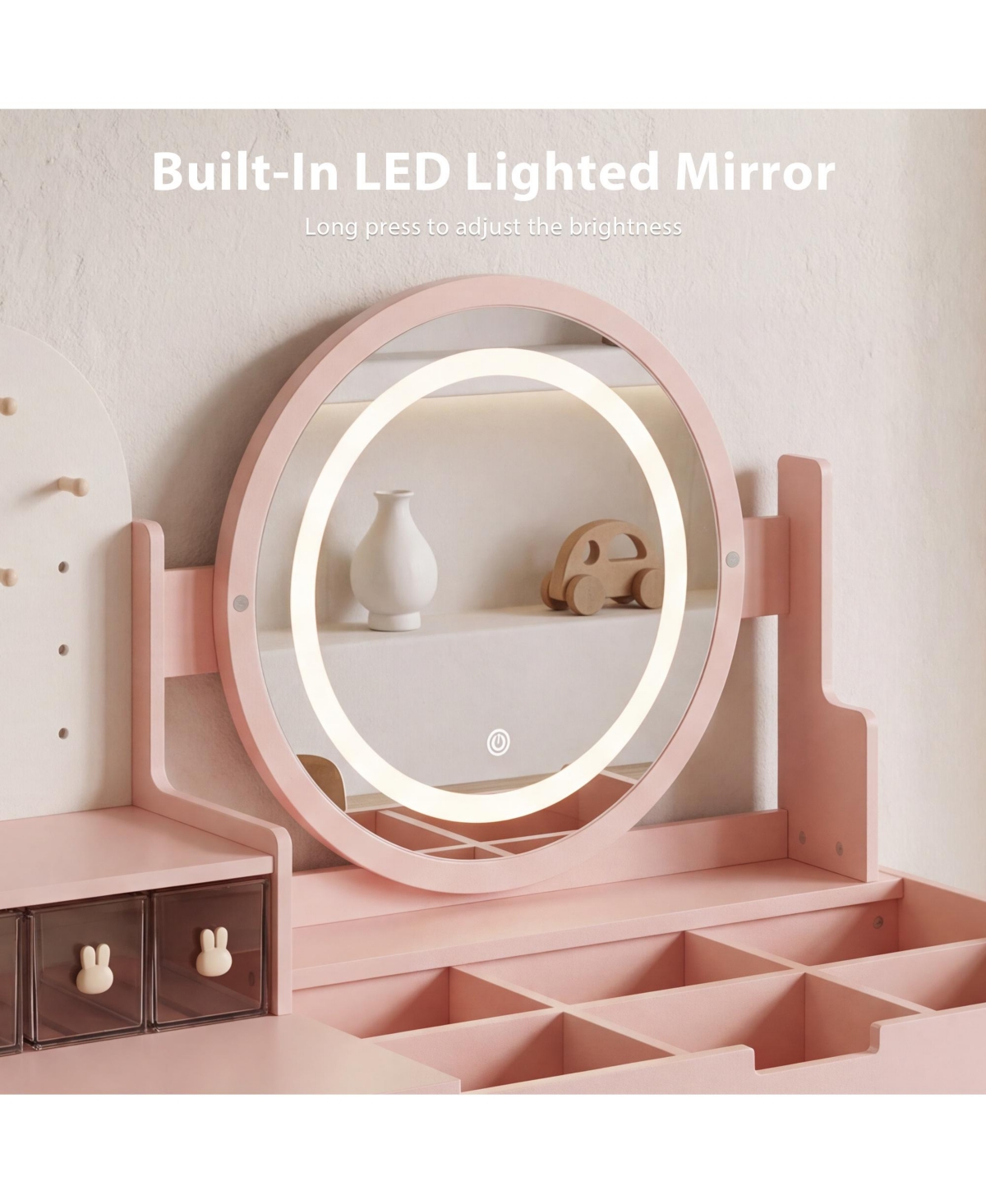 Kinder King Led-Lighted Mirror Vanity Set with Storage Drawer and Stool, 2-Piece, Ages 3+