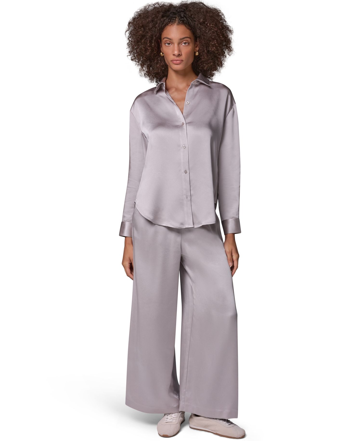 Women's Satin Long-Sleeve Button-Down Blouse