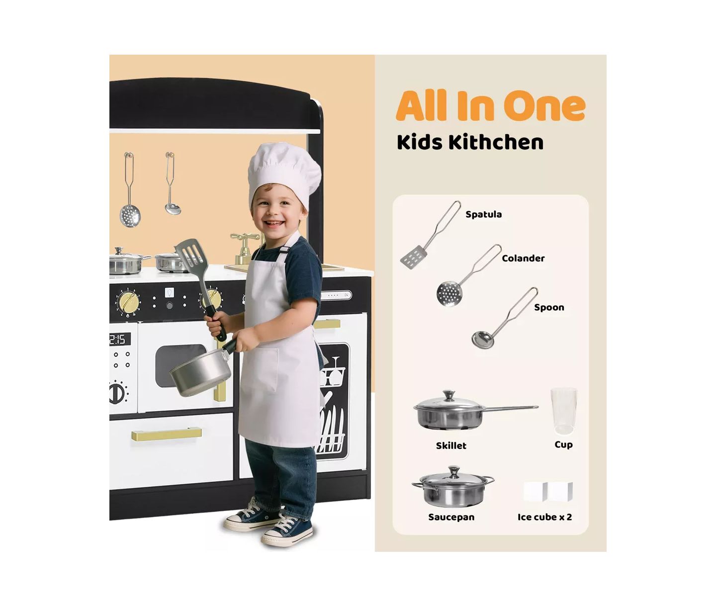 Детская игрушка Kinder King Wooden Pretend Play Kids Kitchen, Toy Kitchen Playset With Oven, Microwave for Boys Girls Age 3+, цвет: Тёмный серый — фото 4