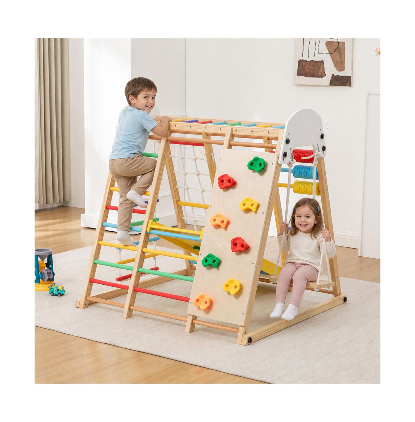 Детская игрушка YOBTOP 9-in-1 Foldable Wooden Climbing Frame with Slide, 176 lbs Capacity, Ages 3+, цвет: Натуральный — фото 1